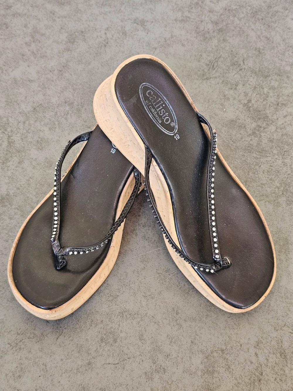 Callisto Black Wedge Sandal Thong with Rhinestone Accents Siz 10